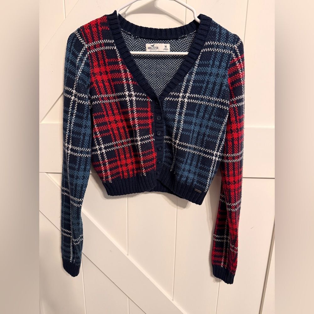 Hollister Women's Medium Plaid Button Up Cable Knit Sweater Blue Red Academic
